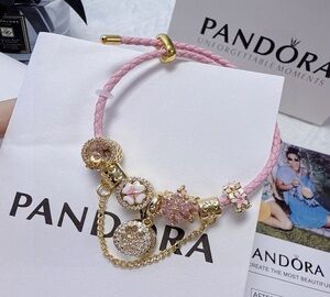 PANDORA-Style Pink Braided Bracelet with Charms